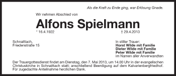 Traueranzeige von Alfons Spielmann von Pegnitz-Zeitung